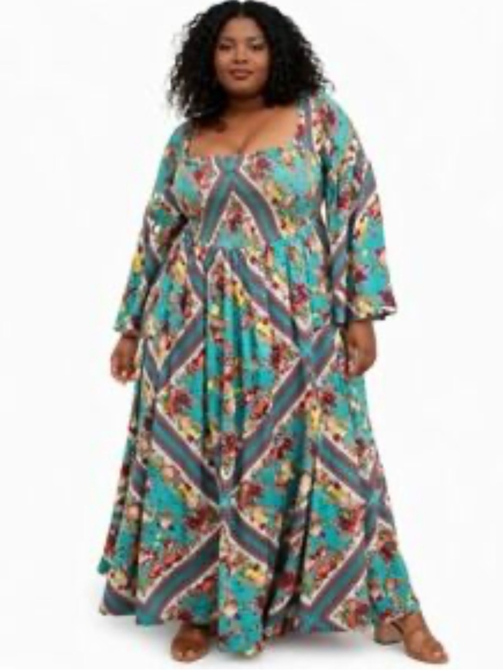 Torrid 2 teal floral maxi dress features smocked bodice bohemian-style pattern